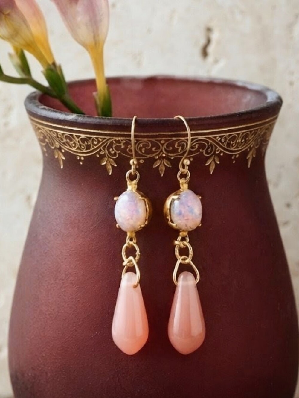 Pink Fire Opal In Glass W/ Pink Opaline In Gold Plated Victorian Earrings
